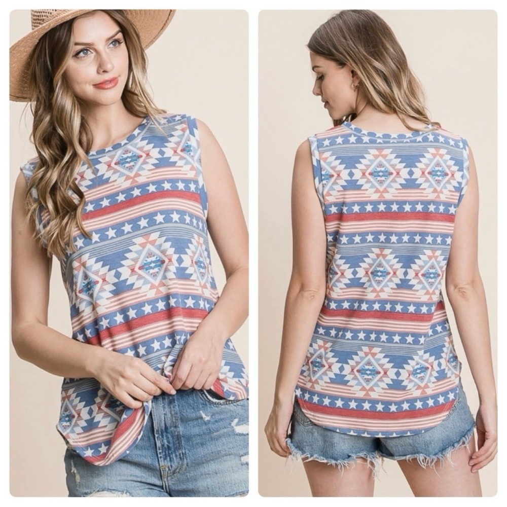 Boutique Pink and Blue Graphic Sleeveless Tee Size Small